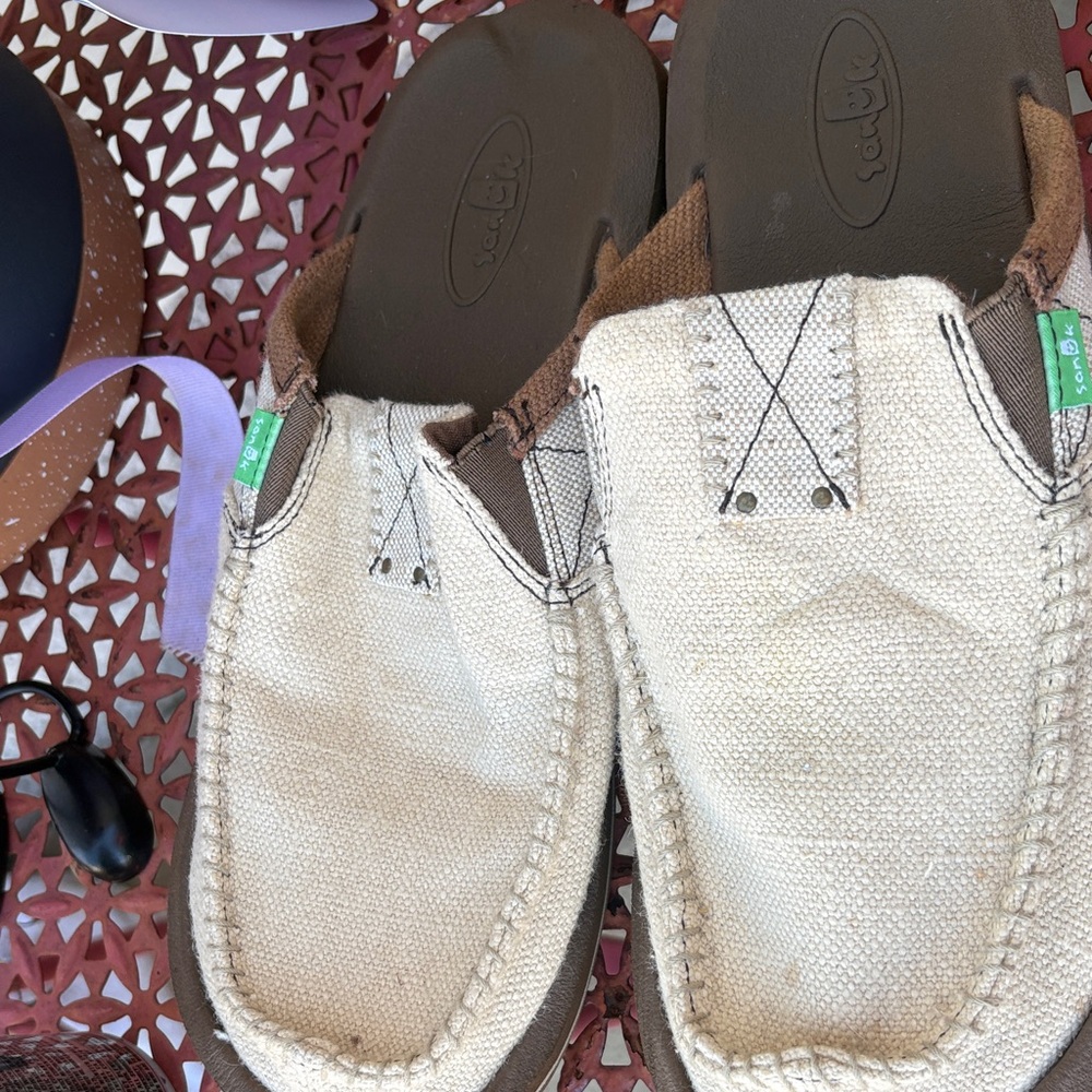 Sanuk Cream and Brown Canvas Loafers